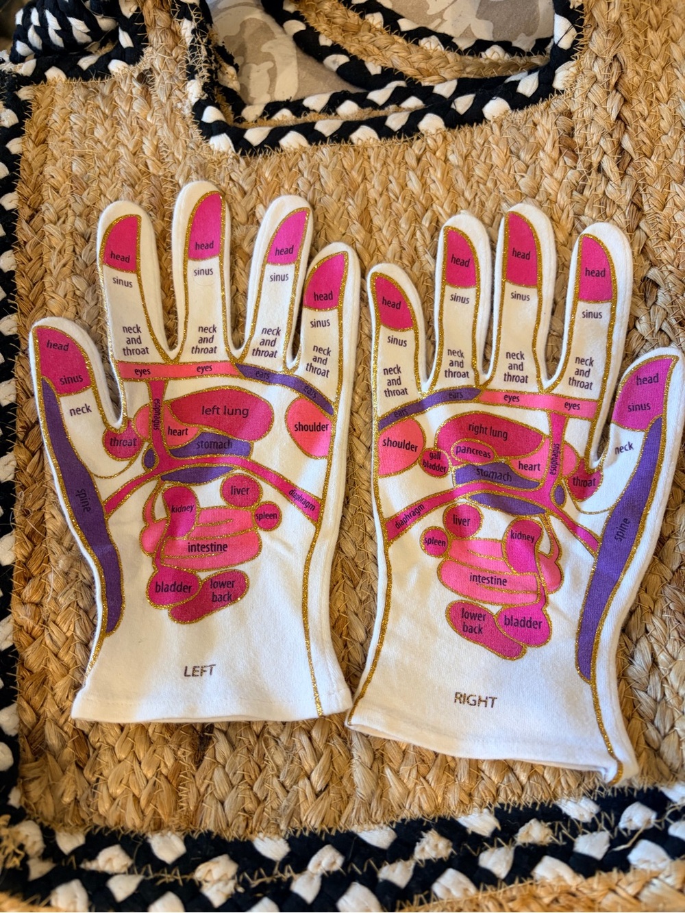 Reflexology Therapy Gloves for Women — White with Pink and Purple Reflex Zones
